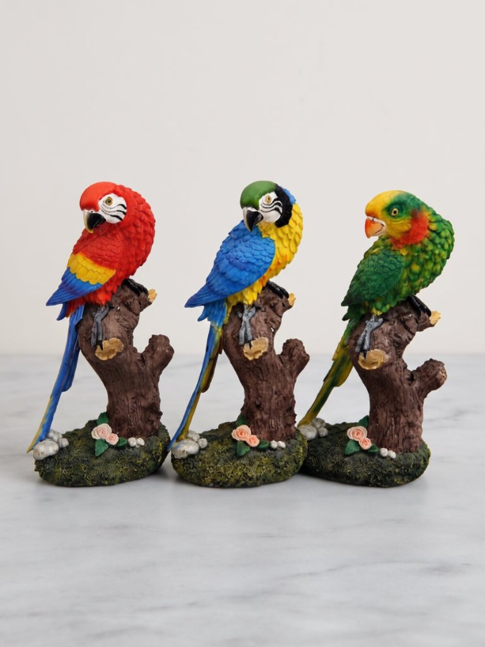 3 Colorful Tropical Parrot Bird Figurines Resin Macaw & Amazon Parrots 8.5" Tall